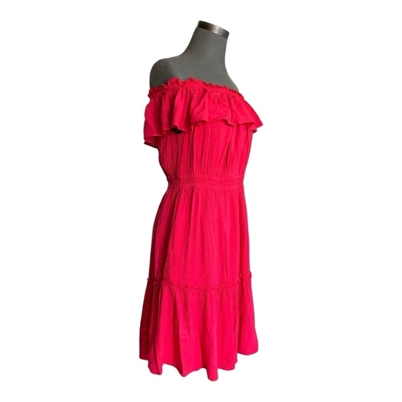 Women’s Dress TOMMY BAHAMA Off the Shoulder Ruffled Sleeves Red Linen Mini Dress - Picture 3 of 6